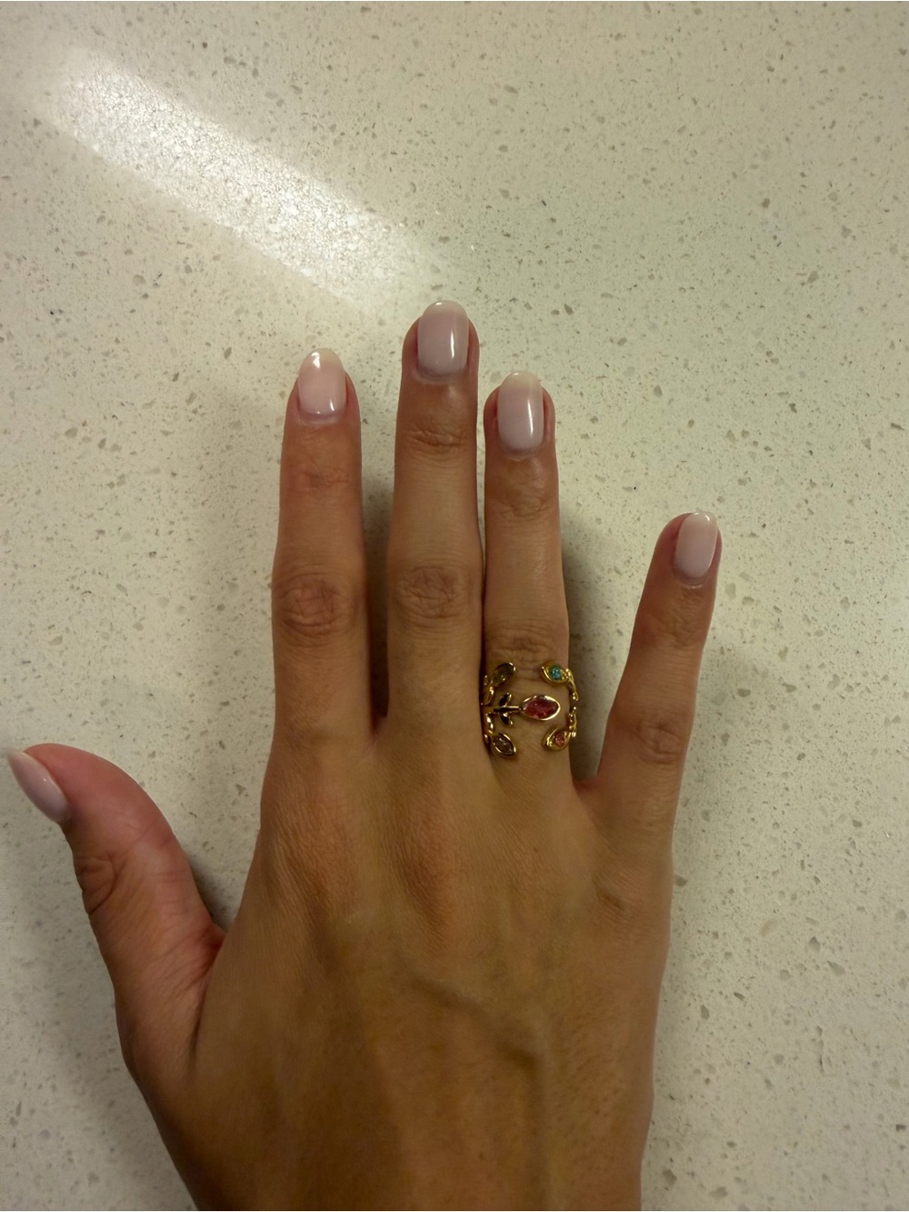 Gold-tone Floral Gemstone Open Ring - Pink and Green Accents